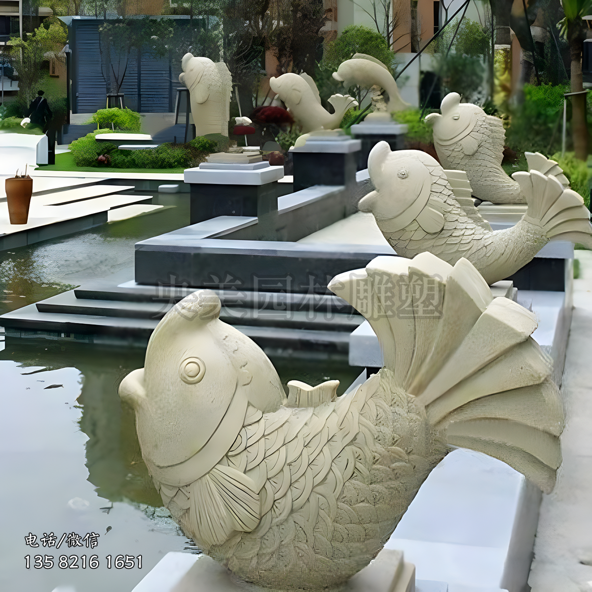 砂巖噴水魚水景裝飾動物雕塑
